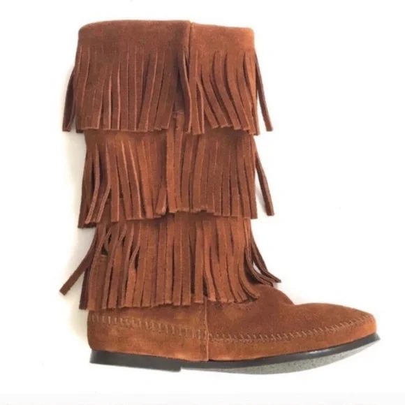 Minnetonka 3-Layer Fringe Suede Boots Sz 8 - Picture 2 of 6